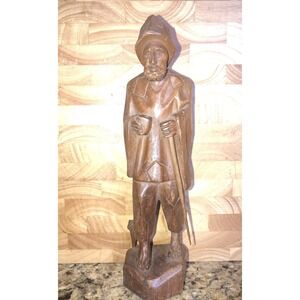 Vintage Hand Carved Wood‎ Man Figure With Stick Folk Art